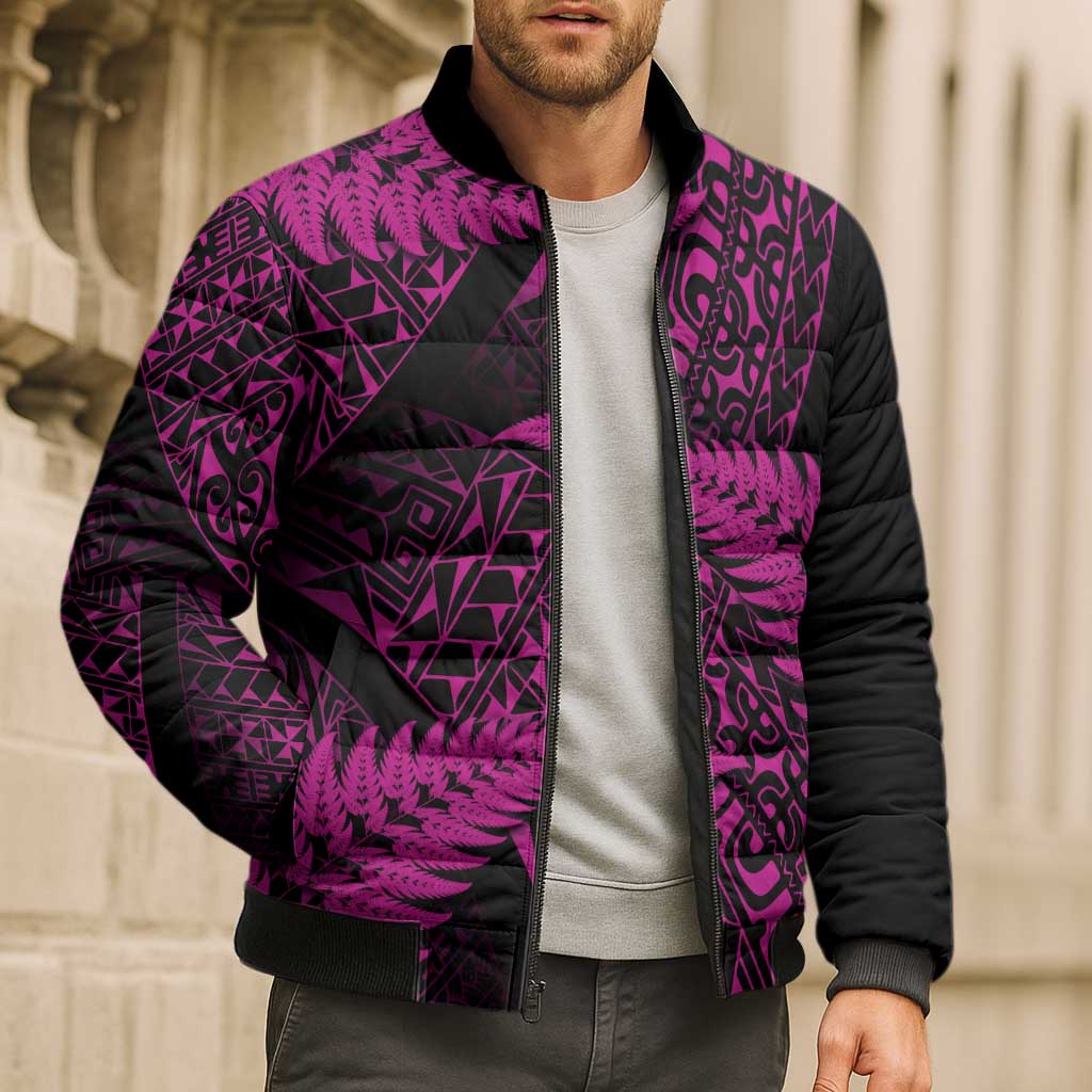 New Zealand Rugby Pacific Personalised Bomber Puffer Jacket All Pink Maori Pasifika Fern Pattern - Aussie Hoodie