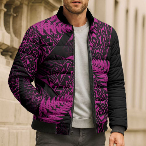 New Zealand Rugby Pacific Personalised Bomber Puffer Jacket All Pink Maori Pasifika Fern Pattern - Aussie Hoodie