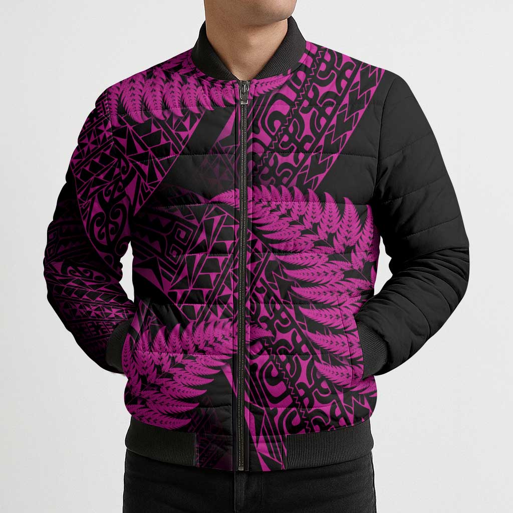 New Zealand Rugby Pacific Personalised Bomber Puffer Jacket All Pink Maori Pasifika Fern Pattern - Aussie Hoodie
