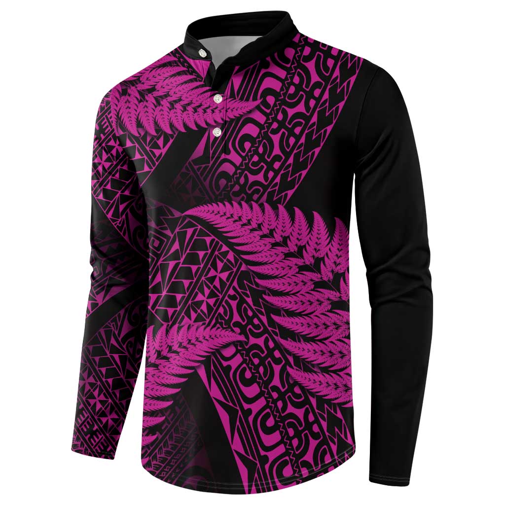 New Zealand Rugby Pacific Personalised Button Sweatshirt All Pink Maori Pasifika Fern Pattern