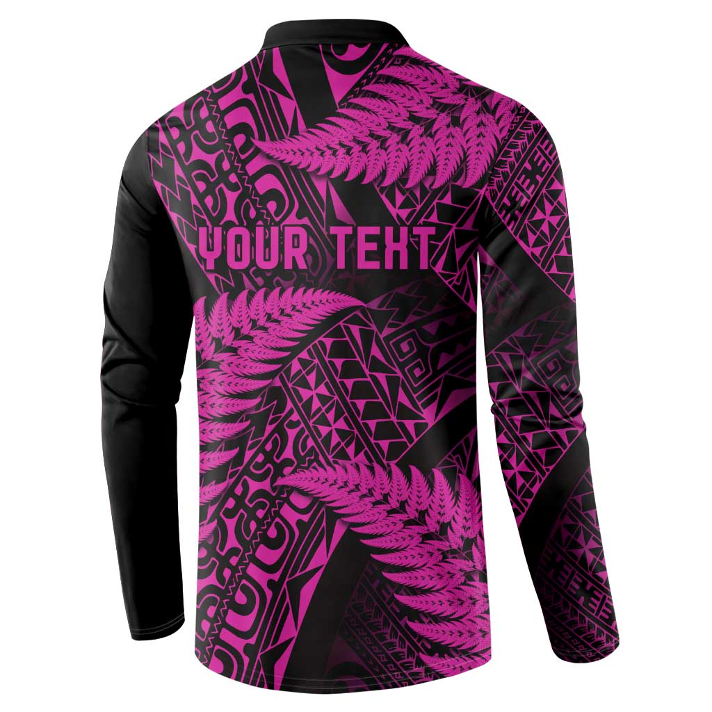 New Zealand Rugby Pacific Personalised Button Sweatshirt All Pink Maori Pasifika Fern Pattern