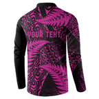New Zealand Rugby Pacific Personalised Button Sweatshirt All Pink Maori Pasifika Fern Pattern
