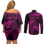 New Zealand Rugby Pacific Personalised Couples Matching Off Shoulder Short Dress and Long Sleeve Button Shirt All Pink Maori Pasifika Fern Pattern