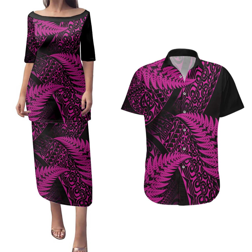 New Zealand Rugby Pacific Personalised Couples Matching Puletasi and Hawaiian Shirt All Pink Maori Pasifika Fern Pattern