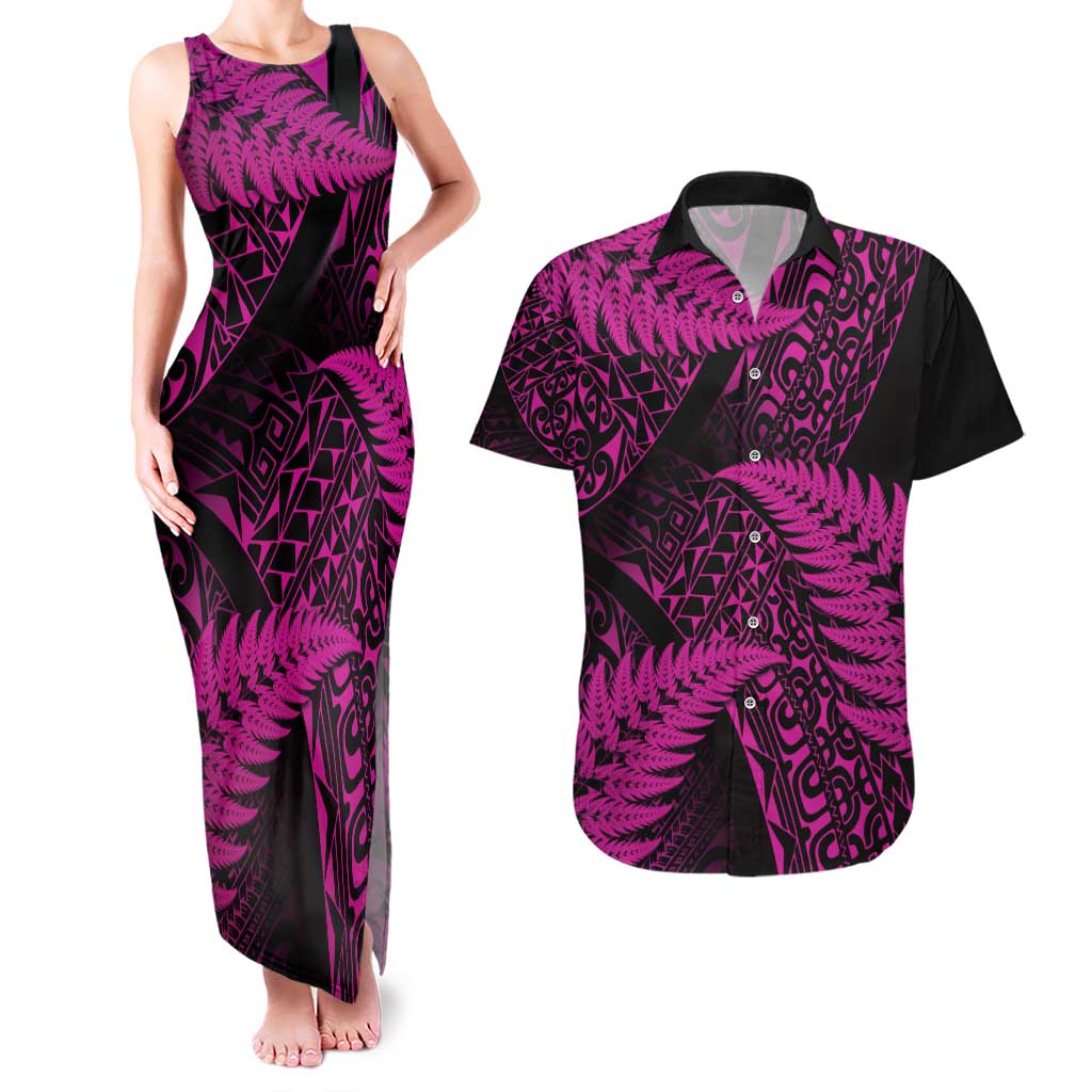 New Zealand Rugby Pacific Personalised Couples Matching Tank Maxi Dress and Hawaiian Shirt All Pink Maori Pasifika Fern Pattern