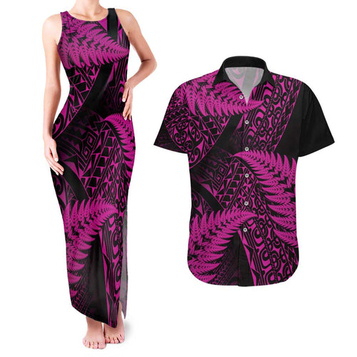 New Zealand Rugby Pacific Personalised Couples Matching Tank Maxi Dress and Hawaiian Shirt All Pink Maori Pasifika Fern Pattern