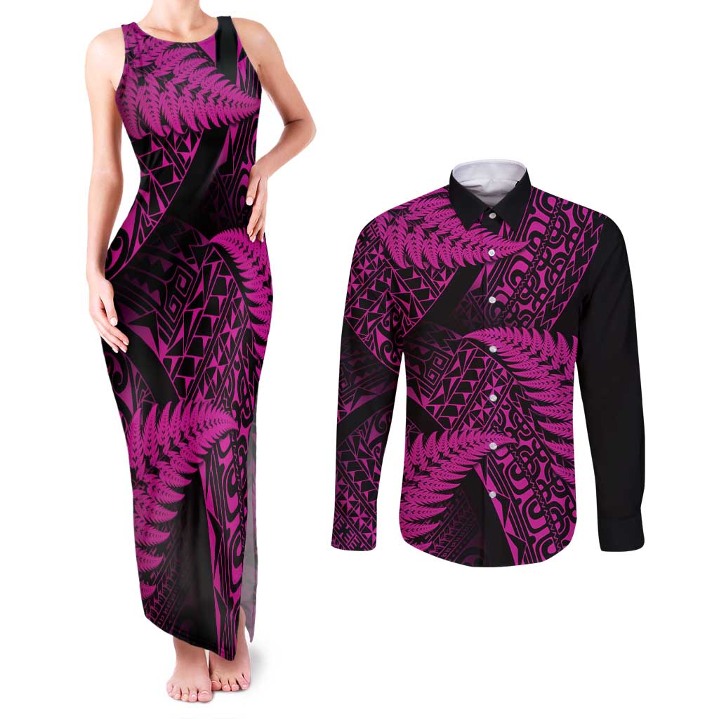 New Zealand Rugby Pacific Personalised Couples Matching Tank Maxi Dress and Long Sleeve Button Shirt All Pink Maori Pasifika Fern Pattern