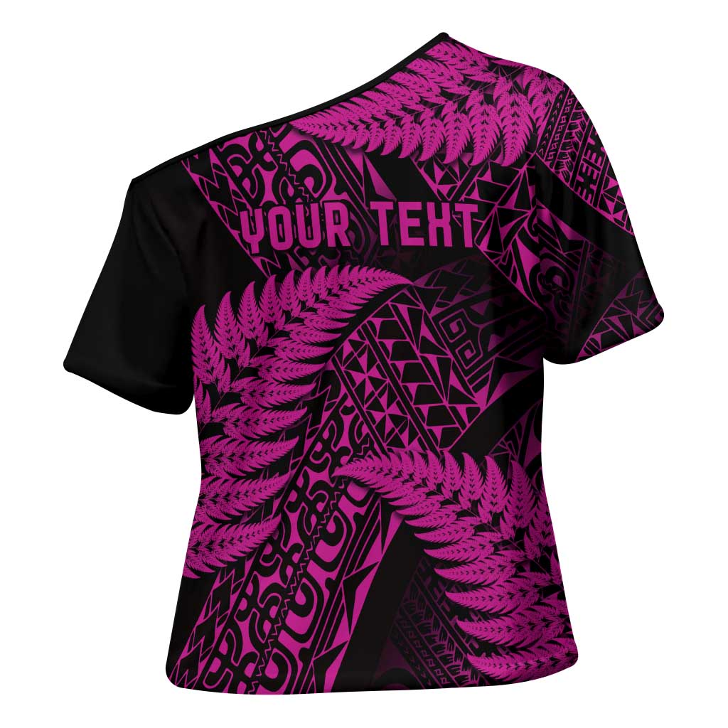 New Zealand Rugby Pacific Personalised Cross Shoulder Shirt All Pink Maori Pasifika Fern Pattern - Aussie Hoodie