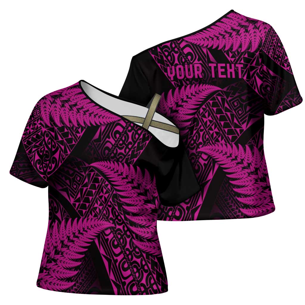 New Zealand Rugby Pacific Personalised Cross Shoulder Shirt All Pink Maori Pasifika Fern Pattern - Aussie Hoodie