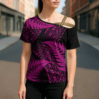 New Zealand Rugby Pacific Personalised Cross Shoulder Shirt All Pink Maori Pasifika Fern Pattern - Aussie Hoodie