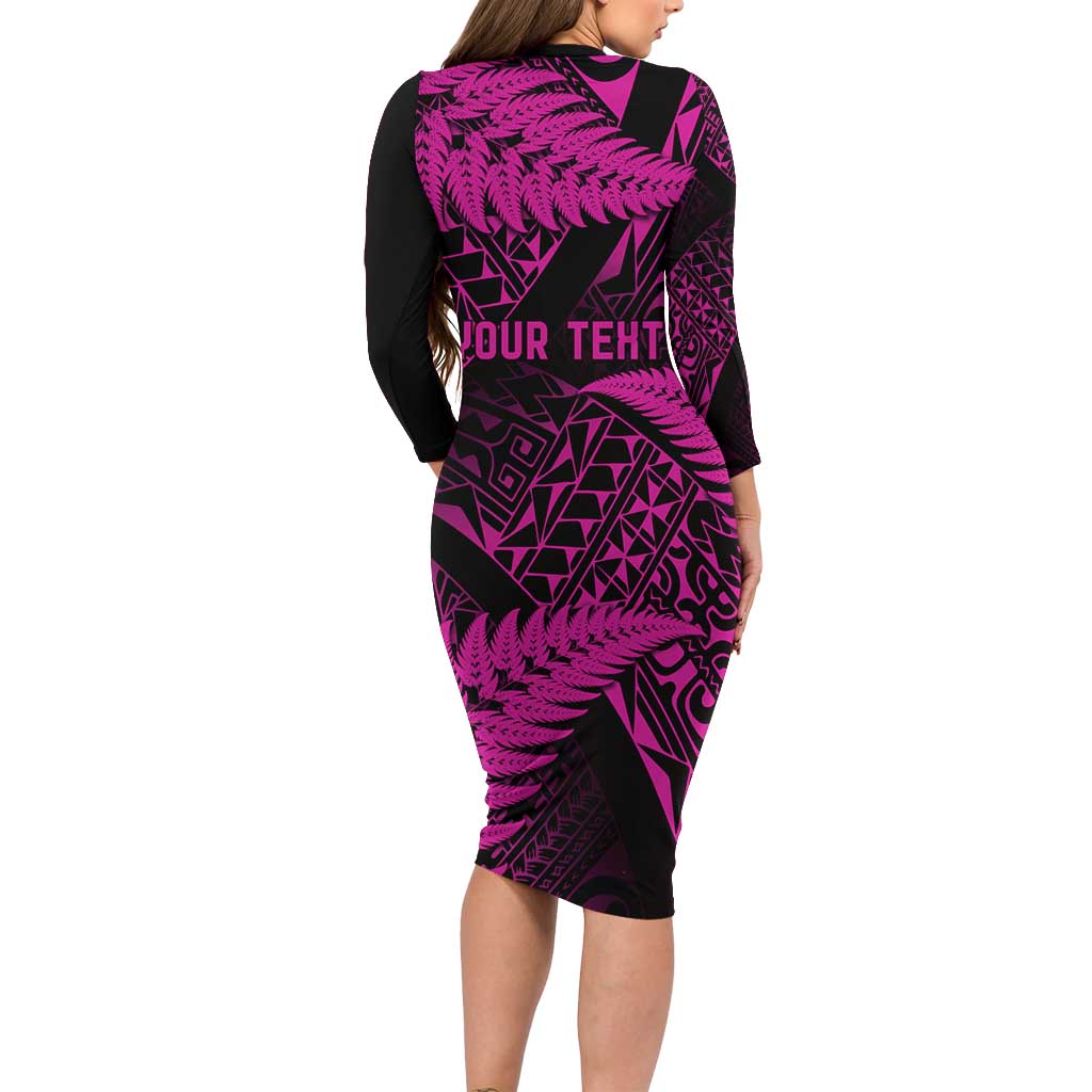New Zealand Rugby Pacific Personalised Family Matching Long Sleeve Bodycon Dress and Hawaiian Shirt All Pink Maori Pasifika Fern Pattern