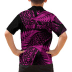 New Zealand Rugby Pacific Personalised Family Matching Off The Shoulder Long Sleeve Dress and Hawaiian Shirt All Pink Maori Pasifika Fern Pattern