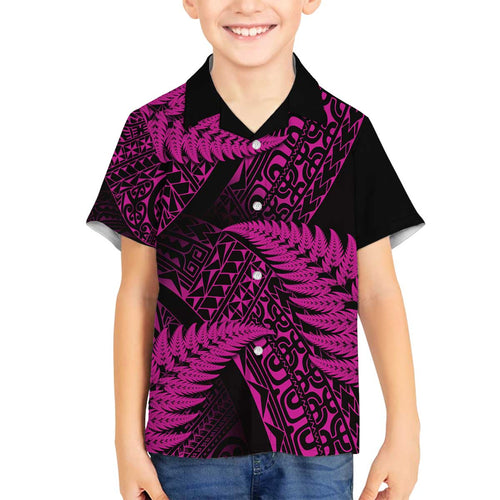 New Zealand Rugby Pacific Personalised Family Matching Off The Shoulder Long Sleeve Dress and Hawaiian Shirt All Pink Maori Pasifika Fern Pattern