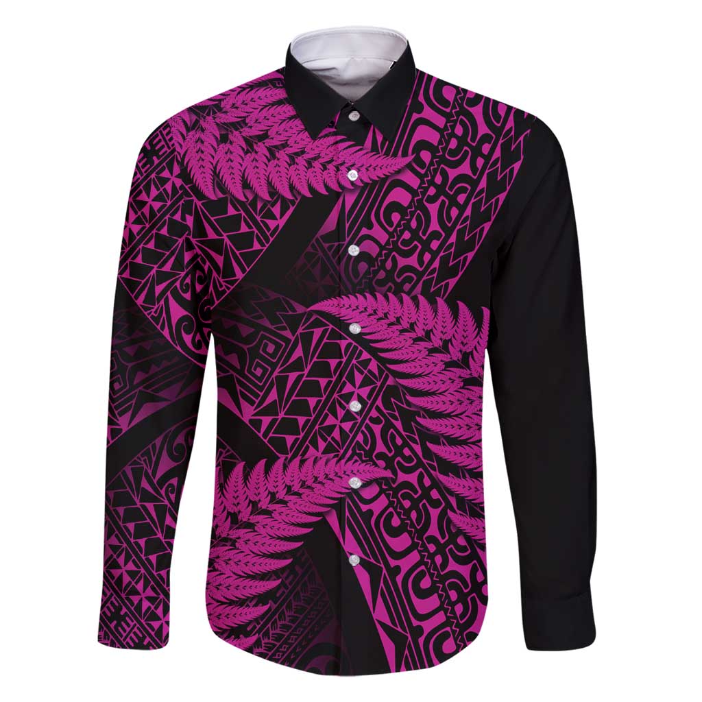 New Zealand Rugby Pacific Personalised Family Matching Off Shoulder Maxi Dress and Hawaiian Shirt All Pink Maori Pasifika Fern Pattern