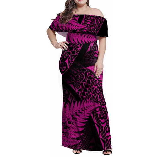 New Zealand Rugby Pacific Personalised Family Matching Off Shoulder Maxi Dress and Hawaiian Shirt All Pink Maori Pasifika Fern Pattern