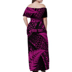 New Zealand Rugby Pacific Personalised Family Matching Off Shoulder Maxi Dress and Hawaiian Shirt All Pink Maori Pasifika Fern Pattern