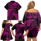 New Zealand Rugby Pacific Personalised Family Matching Off Shoulder Short Dress and Hawaiian Shirt All Pink Maori Pasifika Fern Pattern