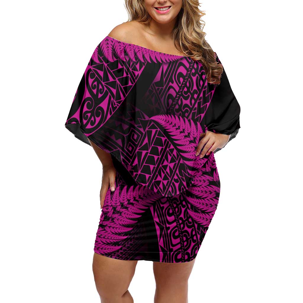 New Zealand Rugby Pacific Personalised Family Matching Off Shoulder Short Dress and Hawaiian Shirt All Pink Maori Pasifika Fern Pattern