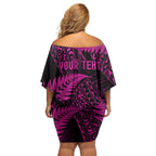 New Zealand Rugby Pacific Personalised Family Matching Off Shoulder Short Dress and Hawaiian Shirt All Pink Maori Pasifika Fern Pattern