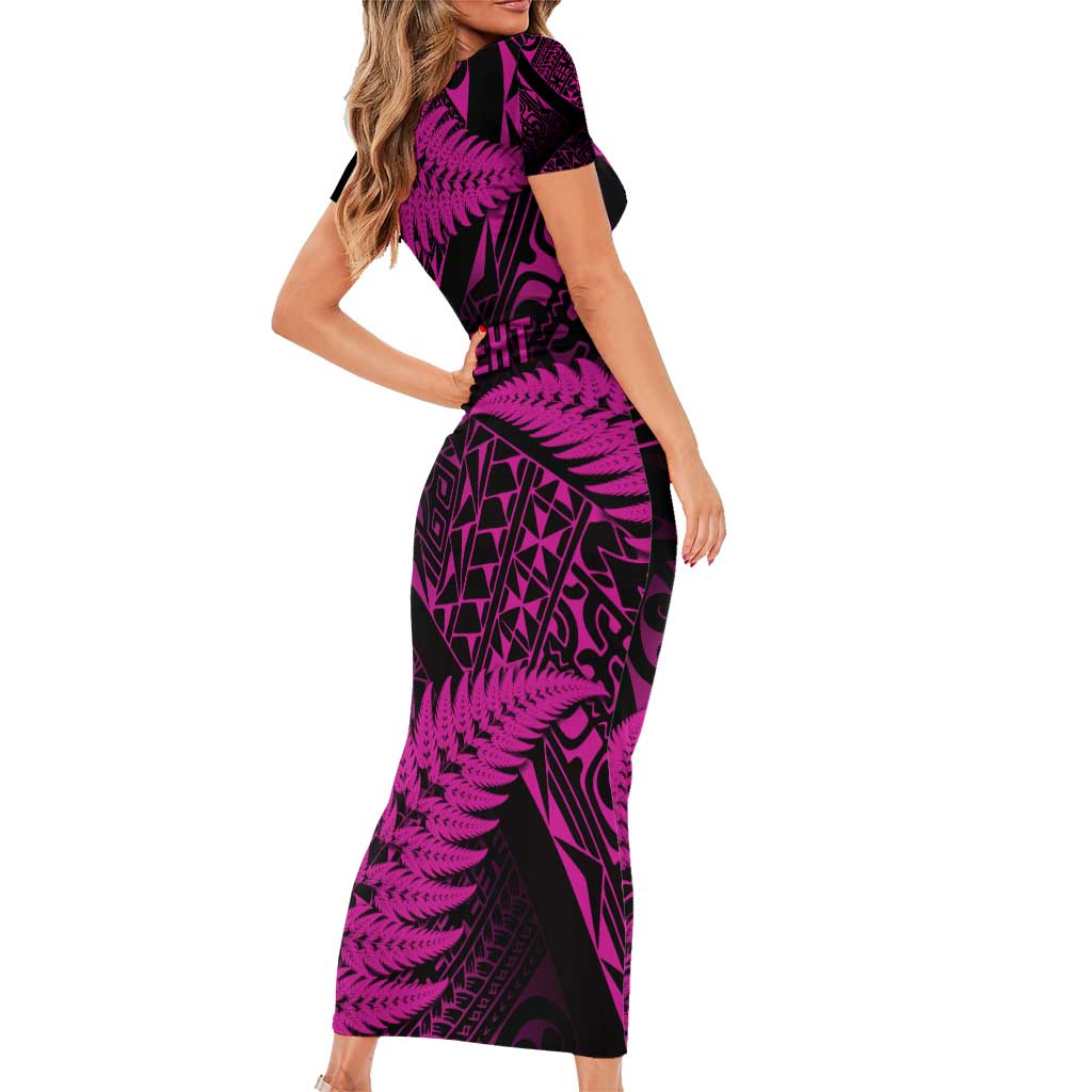 New Zealand Rugby Pacific Personalised Family Matching Short Sleeve Bodycon Dress and Hawaiian Shirt All Pink Maori Pasifika Fern Pattern