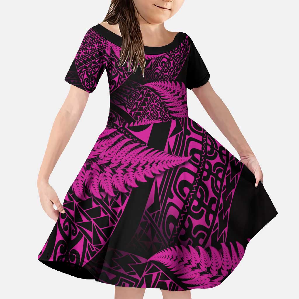 New Zealand Rugby Pacific Personalised Family Matching Summer Maxi Dress and Hawaiian Shirt All Pink Maori Pasifika Fern Pattern