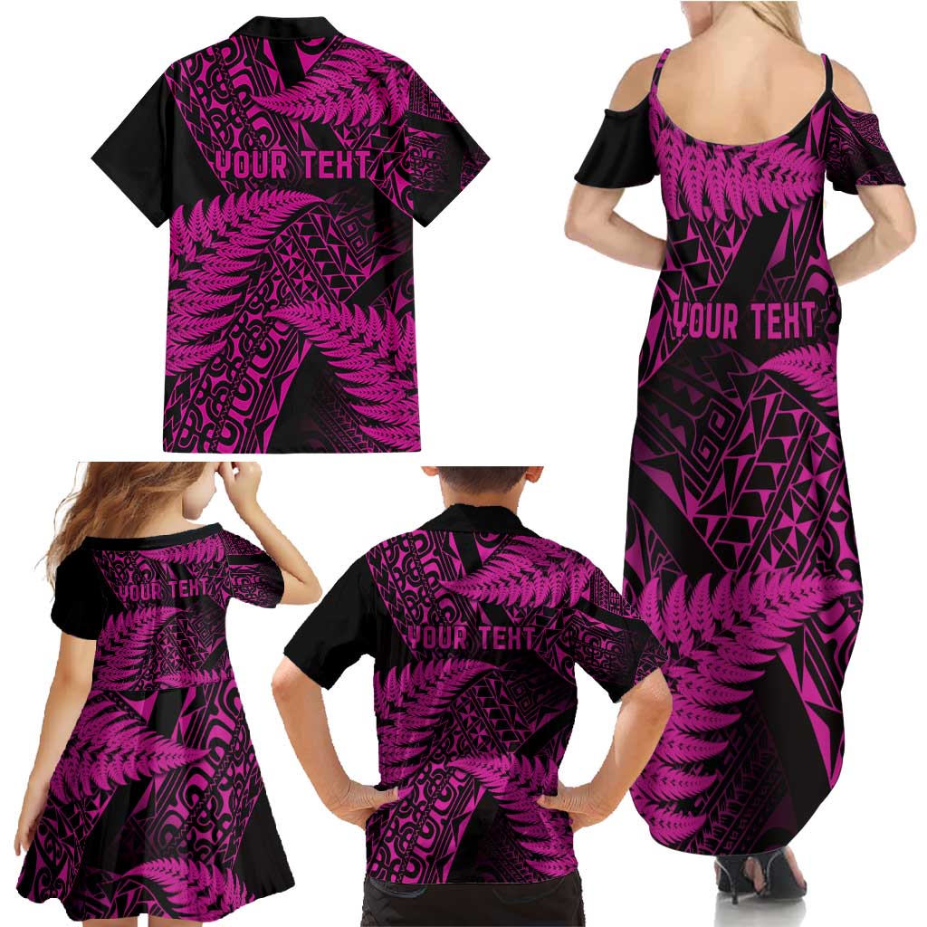 New Zealand Rugby Pacific Personalised Family Matching Summer Maxi Dress and Hawaiian Shirt All Pink Maori Pasifika Fern Pattern