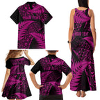 New Zealand Rugby Pacific Personalised Family Matching Tank Maxi Dress and Hawaiian Shirt All Pink Maori Pasifika Fern Pattern