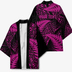 New Zealand Rugby Pacific Personalised Kimono All Pink Maori Pasifika Fern Pattern - Aussie Hoodie