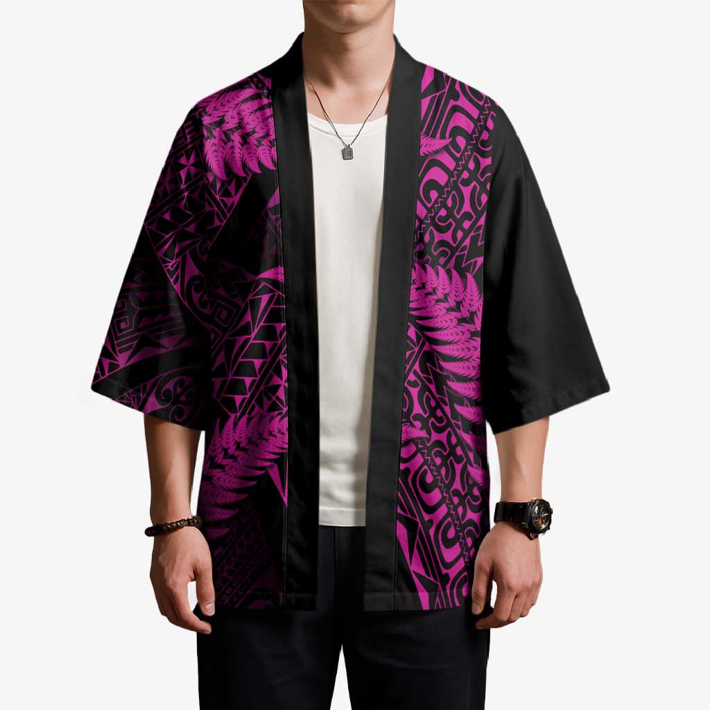New Zealand Rugby Pacific Personalised Kimono All Pink Maori Pasifika Fern Pattern - Aussie Hoodie