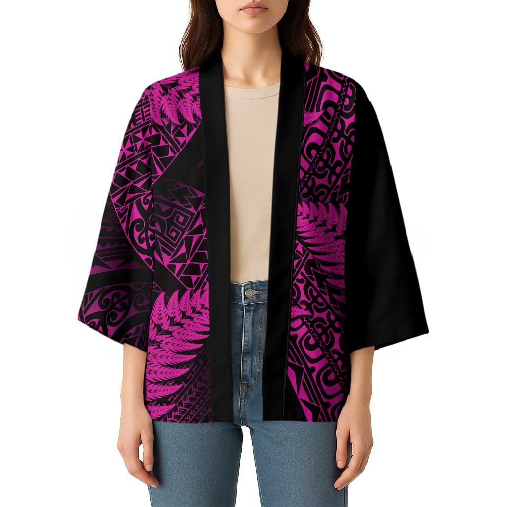 New Zealand Rugby Pacific Personalised Kimono All Pink Maori Pasifika Fern Pattern - Aussie Hoodie