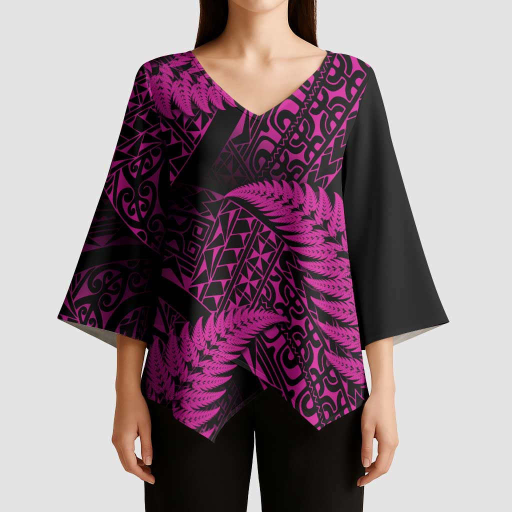 New Zealand Rugby Pacific Personalised Kimono Sleeve Blouse All Pink Maori Pasifika Fern Pattern - Aussie Hoodie