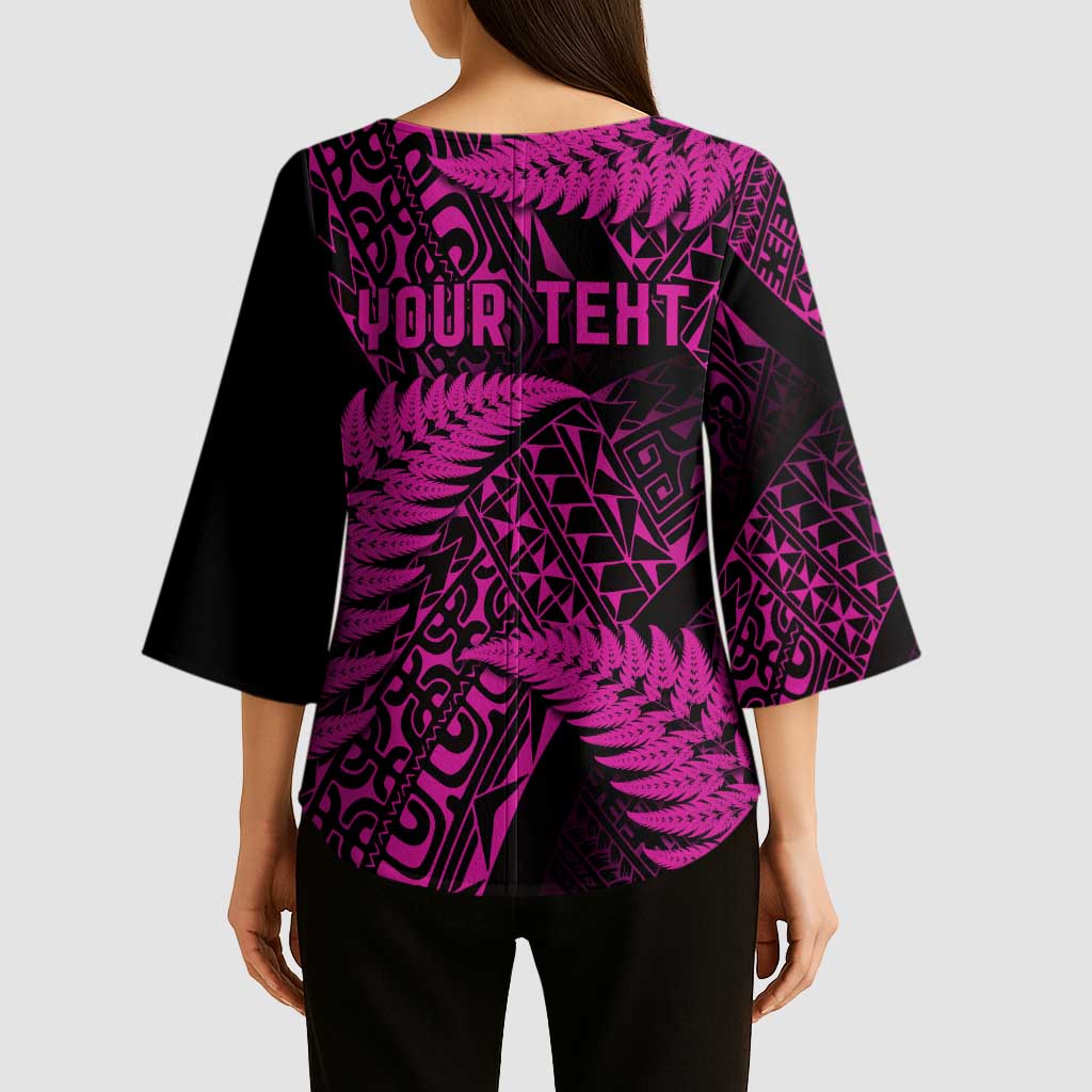 New Zealand Rugby Pacific Personalised Kimono Sleeve Blouse All Pink Maori Pasifika Fern Pattern - Aussie Hoodie