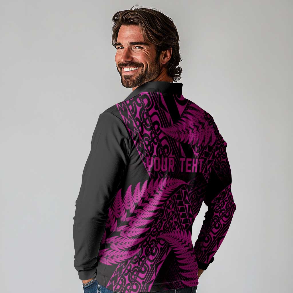 New Zealand Rugby Pacific Personalised Long Sleeve Polo Shirt All Pink Maori Pasifika Fern Pattern