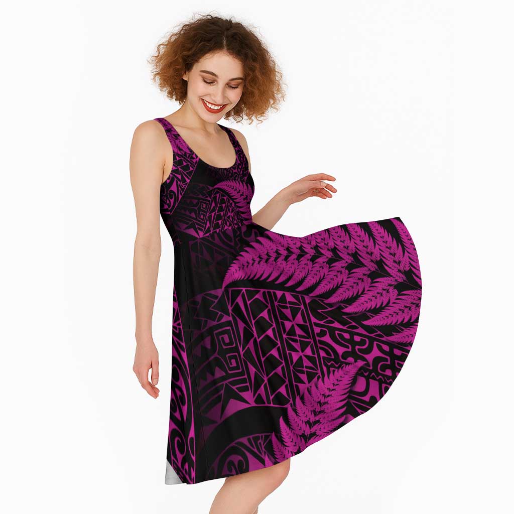 New Zealand Rugby Pacific Personalised Midi Dress All Pink Maori Pasifika Fern Pattern - Aussie Hoodie