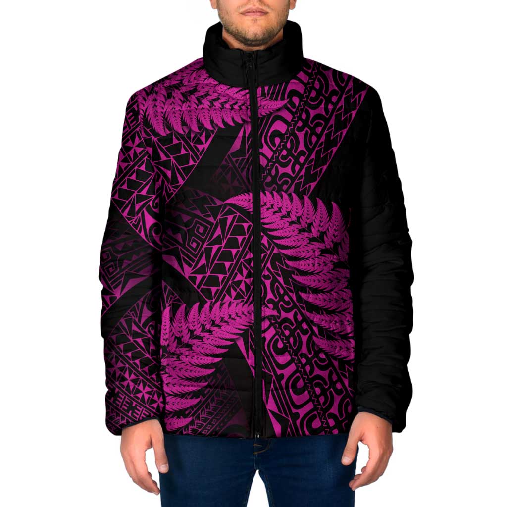 New Zealand Rugby Pacific Personalised Padded Jacket All Pink Maori Pasifika Fern Pattern - Aussie Hoodie