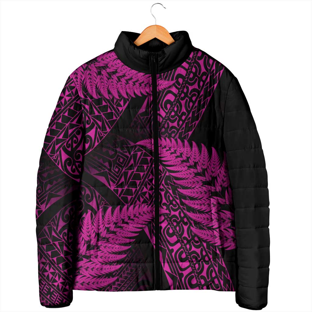 New Zealand Rugby Pacific Personalised Padded Jacket All Pink Maori Pasifika Fern Pattern - Aussie Hoodie