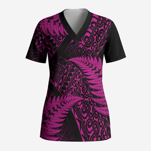 New Zealand Rugby Pacific Personalised Scrub Top All Pink Maori Pasifika Fern Pattern - Aussie Hoodie