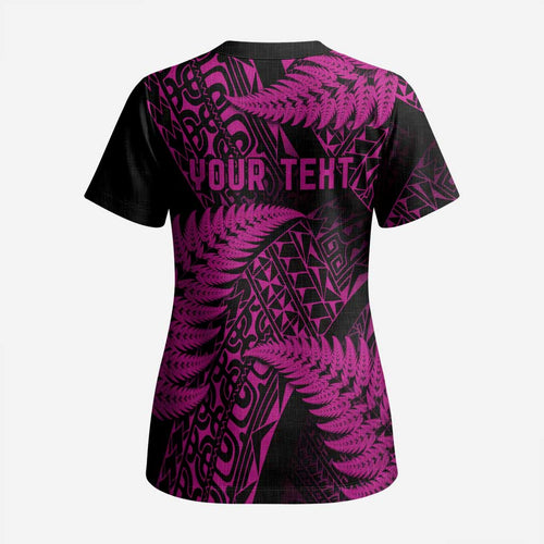 New Zealand Rugby Pacific Personalised Scrub Top All Pink Maori Pasifika Fern Pattern - Aussie Hoodie