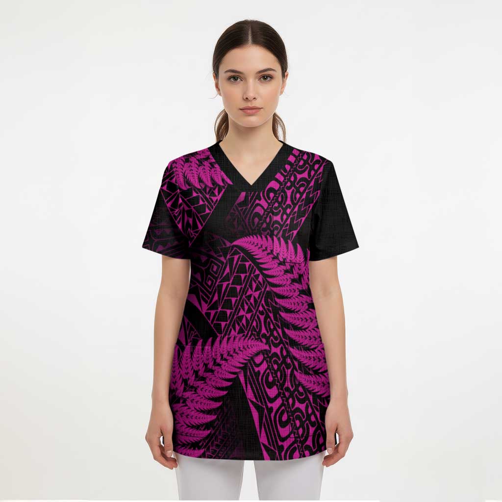 New Zealand Rugby Pacific Personalised Scrub Top All Pink Maori Pasifika Fern Pattern - Aussie Hoodie