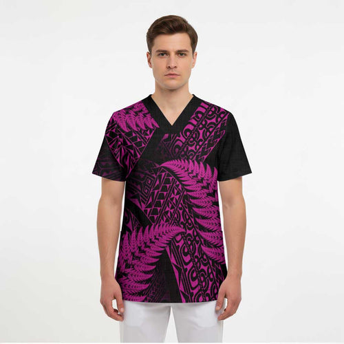 New Zealand Rugby Pacific Personalised Scrub Top All Pink Maori Pasifika Fern Pattern - Aussie Hoodie