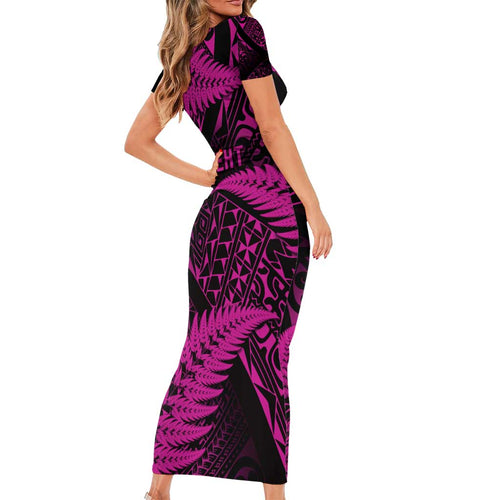 New Zealand Rugby Pacific Personalised Short Sleeve Bodycon Dress All Pink Maori Pasifika Fern Pattern