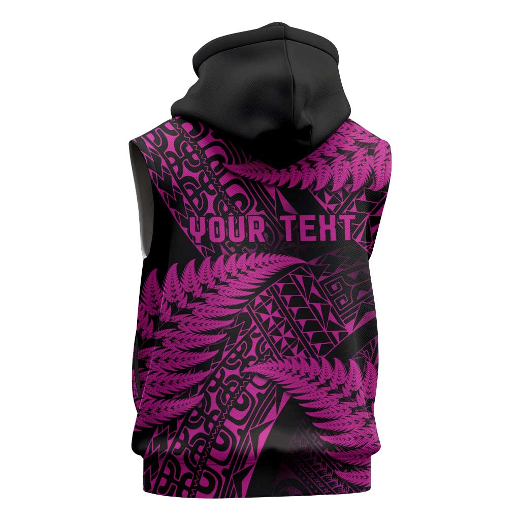 New Zealand Rugby Pacific Personalised Sleeveless Hoodie All Pink Maori Pasifika Fern Pattern - Aussie Hoodie
