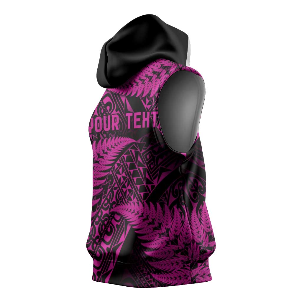 New Zealand Rugby Pacific Personalised Sleeveless Hoodie All Pink Maori Pasifika Fern Pattern - Aussie Hoodie