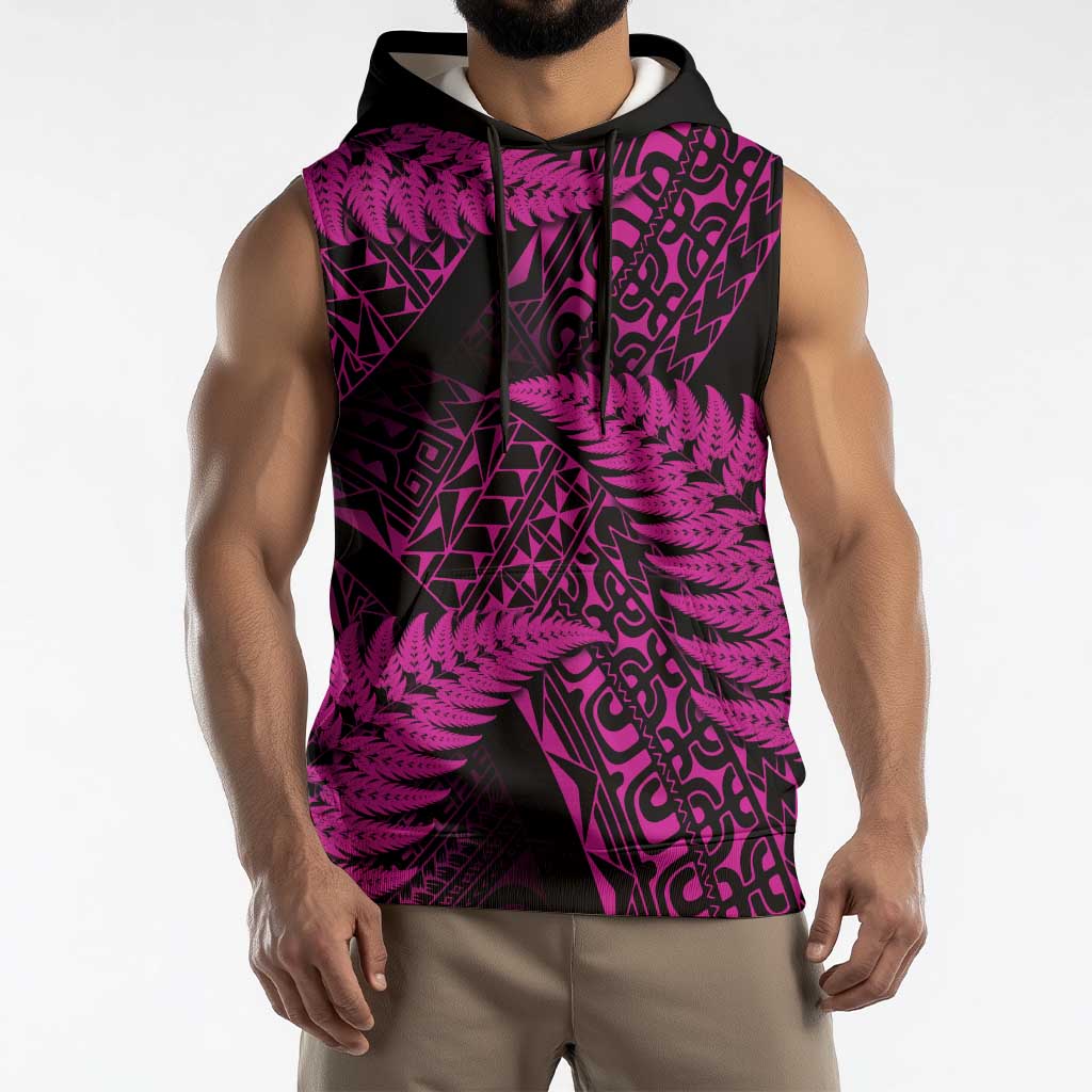New Zealand Rugby Pacific Personalised Sleeveless Hoodie All Pink Maori Pasifika Fern Pattern - Aussie Hoodie