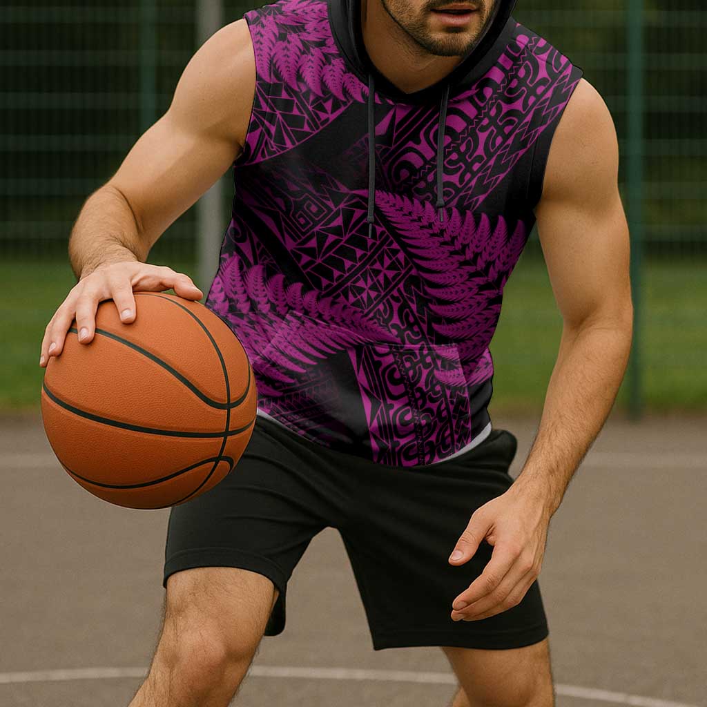 New Zealand Rugby Pacific Personalised Sleeveless Hoodie All Pink Maori Pasifika Fern Pattern - Aussie Hoodie