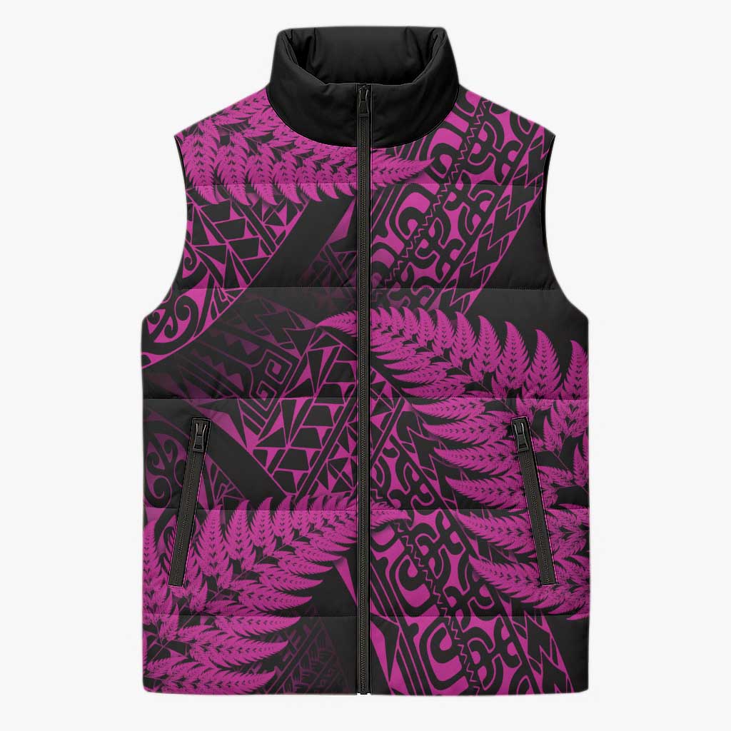 New Zealand Rugby Pacific Personalised Sleeveless Puffer Jacket All Pink Maori Pasifika Fern Pattern - Aussie Hoodie