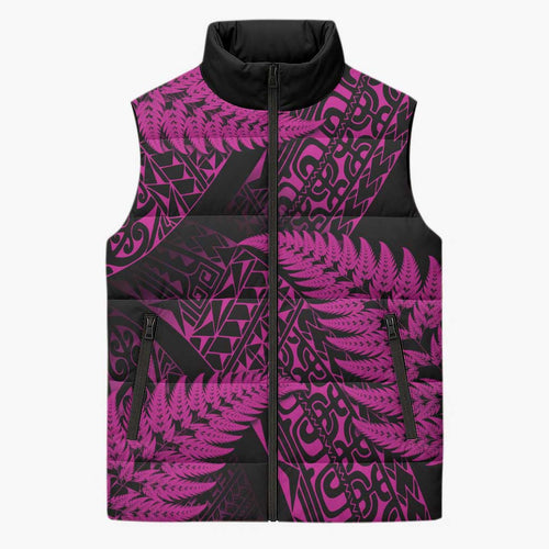 New Zealand Rugby Pacific Personalised Sleeveless Puffer Jacket All Pink Maori Pasifika Fern Pattern - Aussie Hoodie