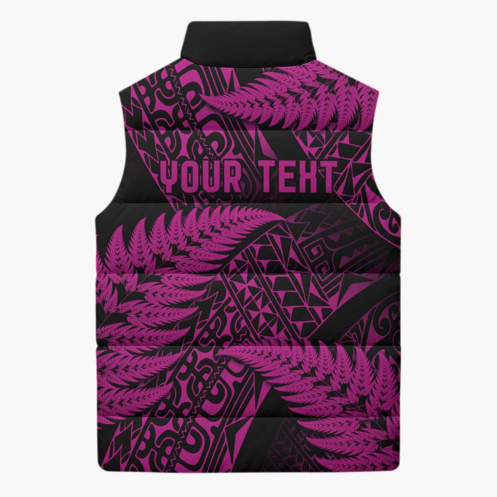 New Zealand Rugby Pacific Personalised Sleeveless Puffer Jacket All Pink Maori Pasifika Fern Pattern - Aussie Hoodie