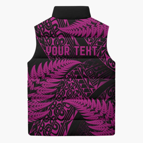 New Zealand Rugby Pacific Personalised Sleeveless Puffer Jacket All Pink Maori Pasifika Fern Pattern - Aussie Hoodie
