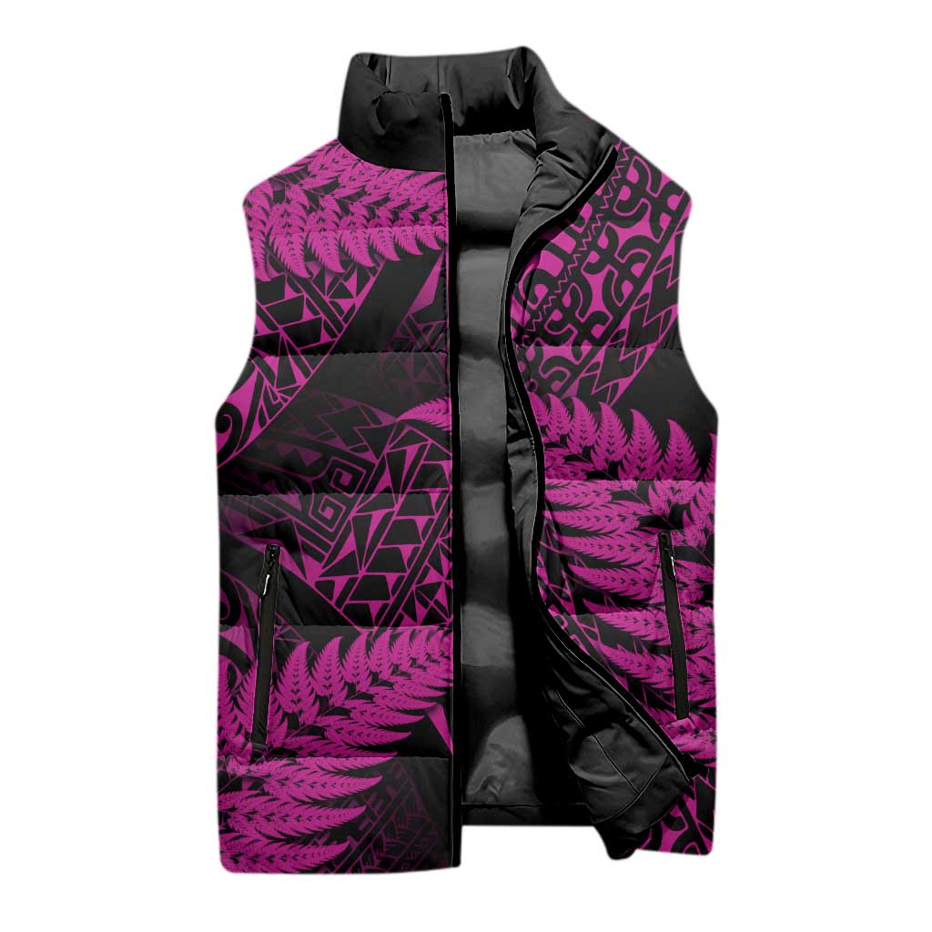 New Zealand Rugby Pacific Personalised Sleeveless Puffer Jacket All Pink Maori Pasifika Fern Pattern - Aussie Hoodie